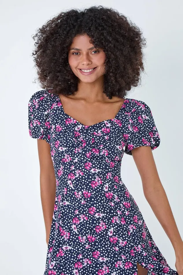 Black Floral Polka Dot Puff Sleeve Midi Dress Women Roman Dresses