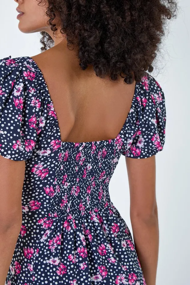 Black Floral Polka Dot Puff Sleeve Midi Dress Women Roman Dresses