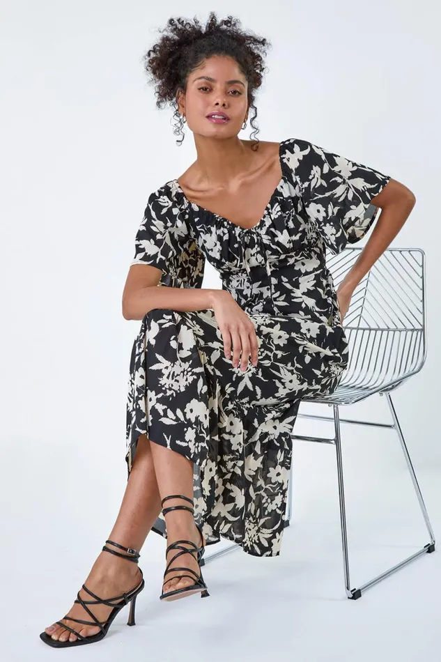 Black Floral Print Frill Hem Midi Dress Women Roman Dresses