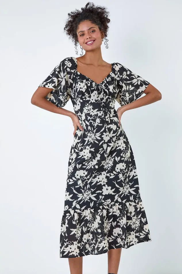 Black Floral Print Frill Hem Midi Dress Women Roman Dresses
