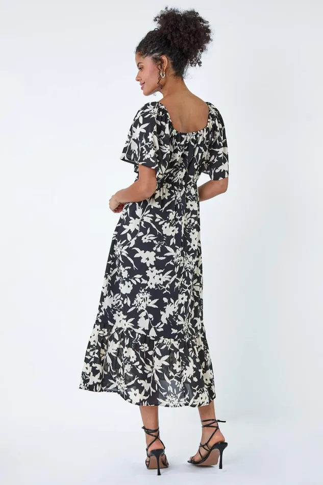Black Floral Print Frill Hem Midi Dress Women Roman Dresses