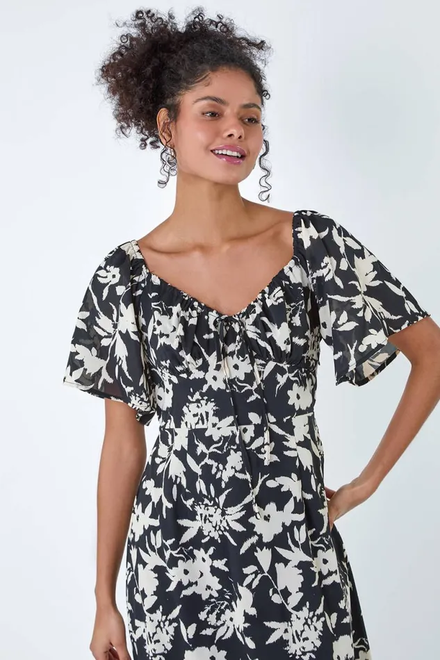 Black Floral Print Frill Hem Midi Dress Women Roman Dresses
