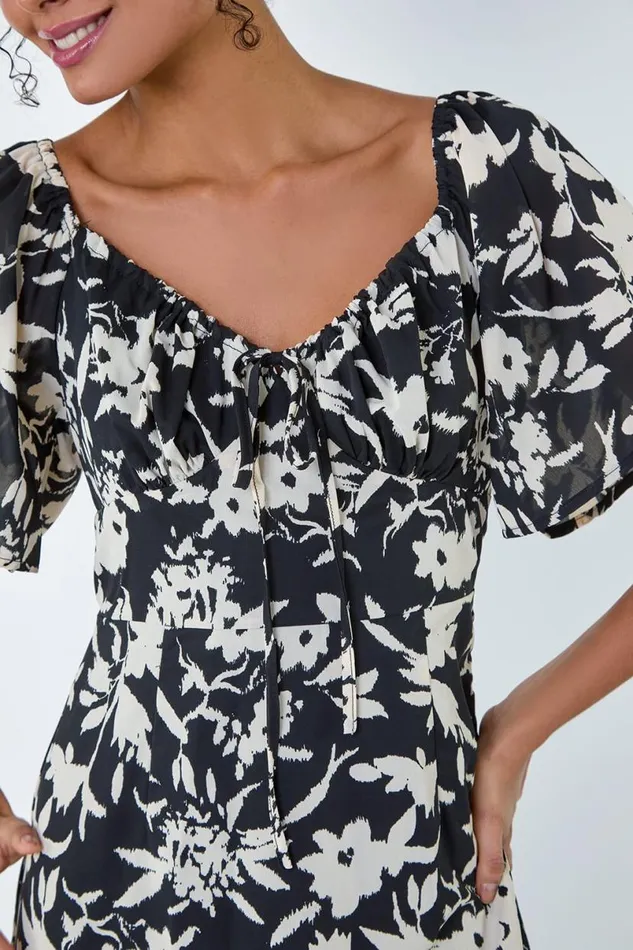 Black Floral Print Frill Hem Midi Dress Women Roman Dresses
