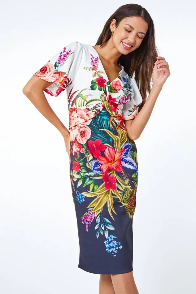Black Floral Print Twist Premium Stretch Dress Women Roman Dresses