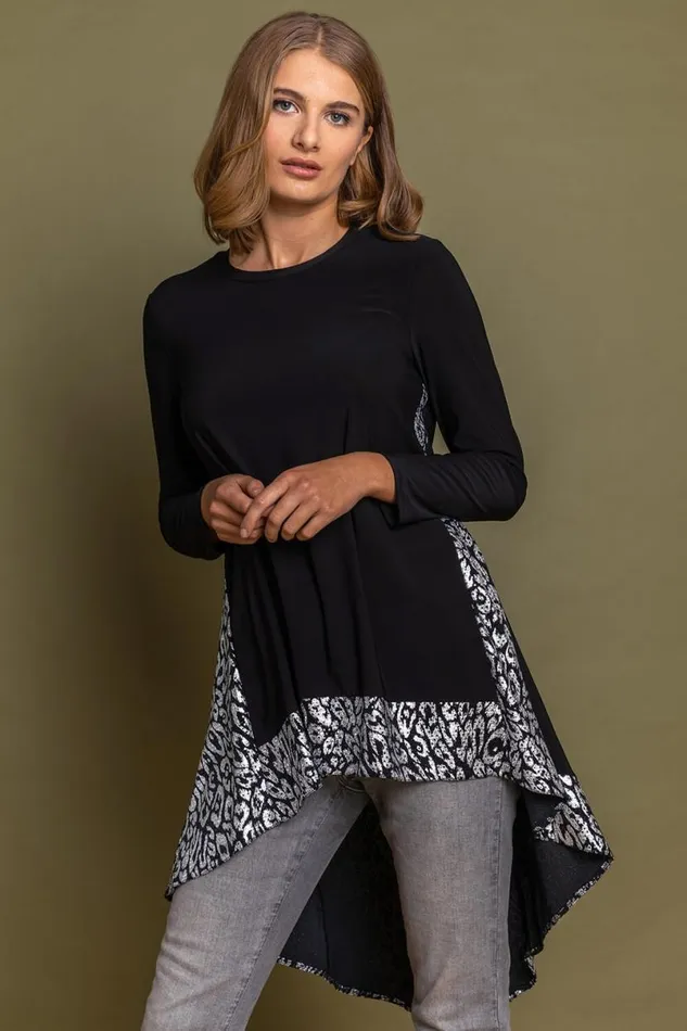 Black Glitter Animal Print Dipped Hem Top Women Roman Tops