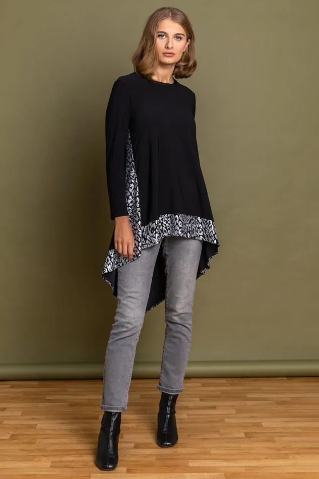 Black Glitter Animal Print Dipped Hem Top Women Roman Tops
