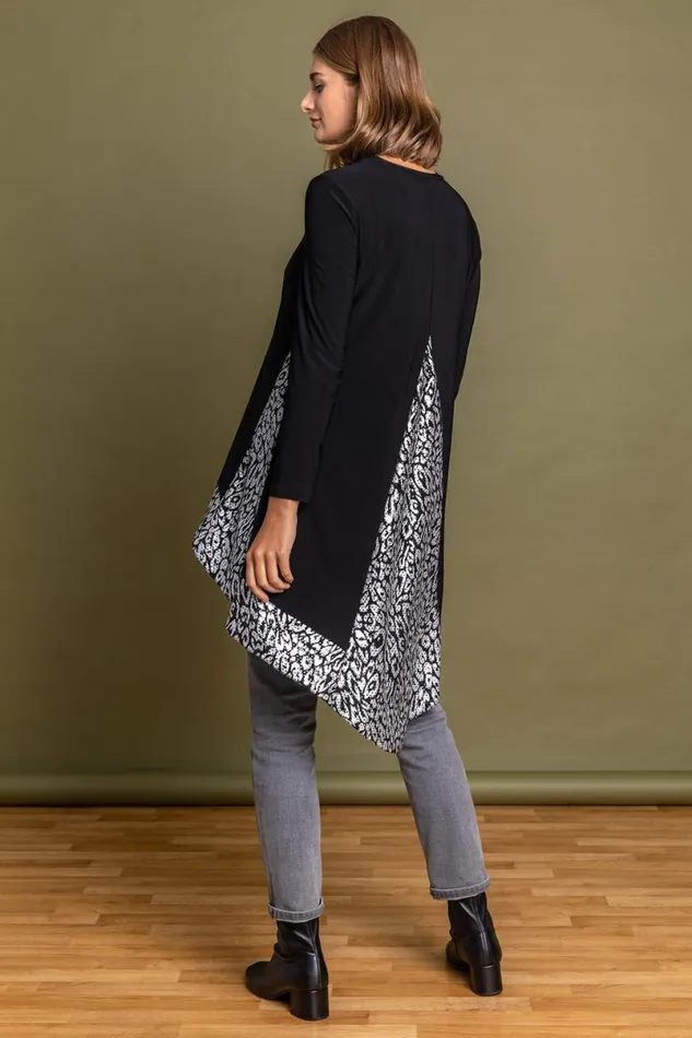 Black Glitter Animal Print Dipped Hem Top Women Roman Tops