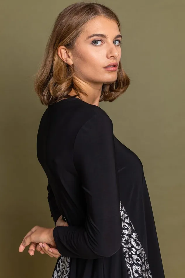 Black Glitter Animal Print Dipped Hem Top Women Roman Tops
