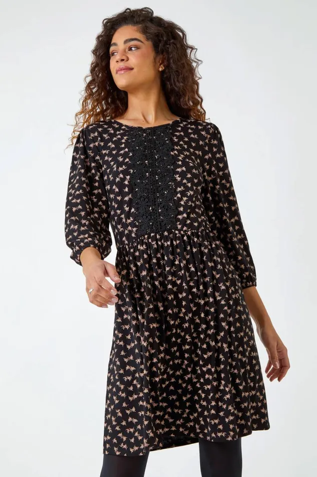 Black Lace Detail Ditsy Print Dress Women Roman Dresses