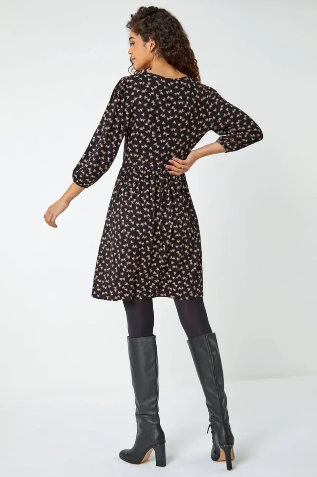 Black Lace Detail Ditsy Print Dress Women Roman Dresses