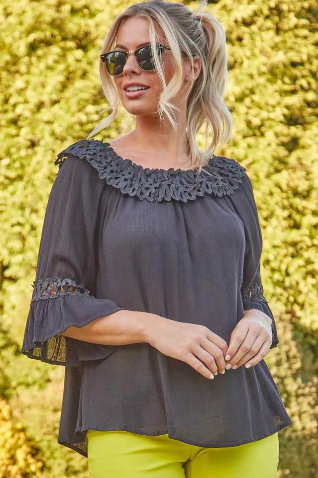 Black Lace Trim Bardot Top Women Roman Tops