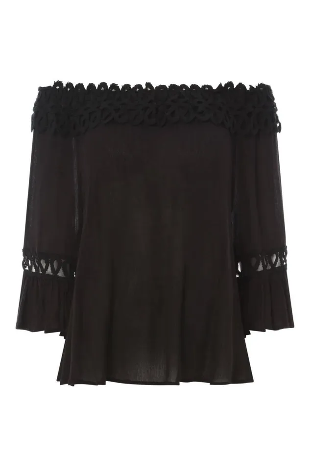 Black Lace Trim Bardot Top Women Roman Tops
