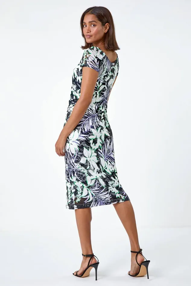 Black Lace Tropical Ruched Stretch Bodycon Dress Women Roman Dresses