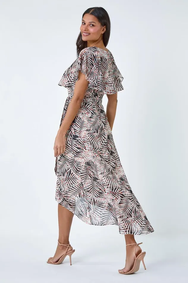 Black Leaf Print Chiffon Midi Wrap Dress Women Roman Dresses