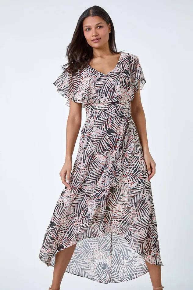 Black Leaf Print Chiffon Midi Wrap Dress Women Roman Dresses