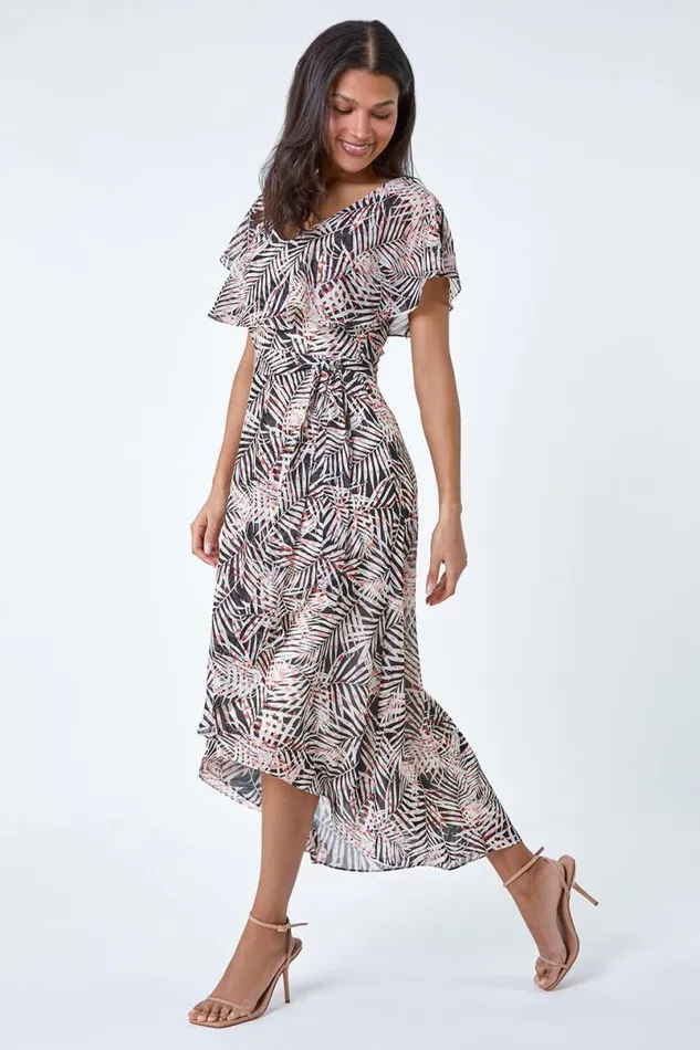Black Leaf Print Chiffon Midi Wrap Dress Women Roman Dresses