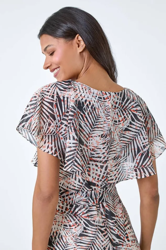 Black Leaf Print Chiffon Midi Wrap Dress Women Roman Dresses