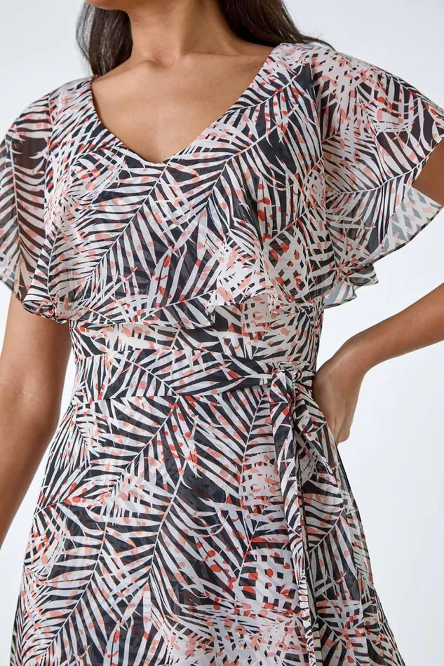 Black Leaf Print Chiffon Midi Wrap Dress Women Roman Dresses