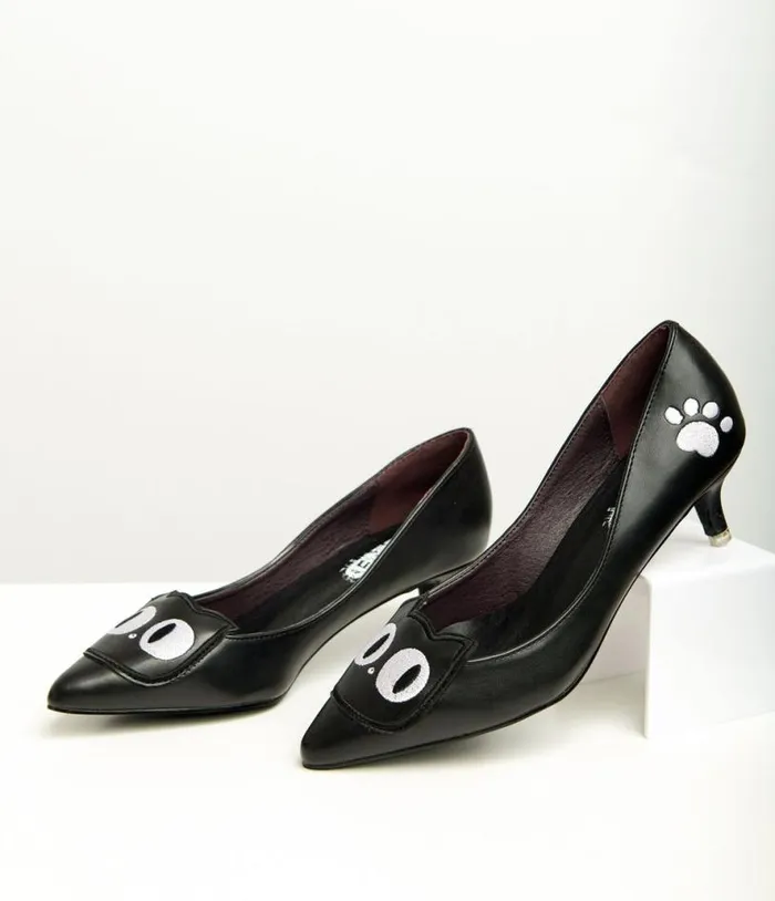 Black Leatherette Kitty Cat Lover Heels HalloweenShoes Unique Vintage Heels