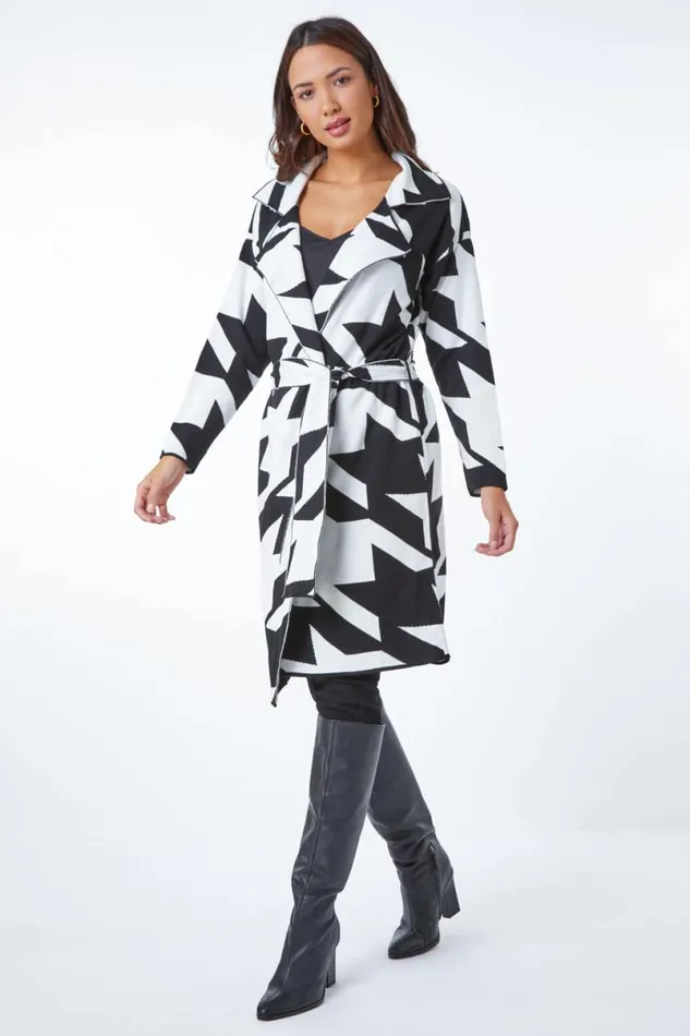 Black Longline Dogstooth Belted Coatigan Women Roman Knitwear