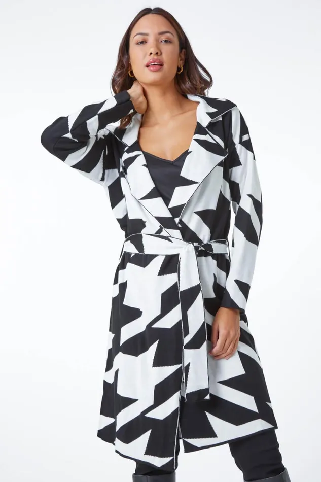 Black Longline Dogstooth Belted Coatigan Women Roman Knitwear