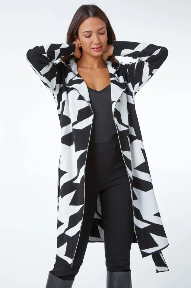 Black Longline Dogstooth Belted Coatigan Women Roman Knitwear