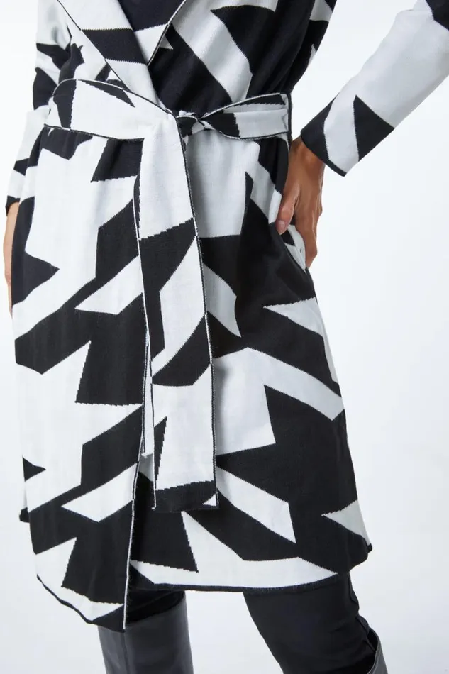 Black Longline Dogstooth Belted Coatigan Women Roman Knitwear