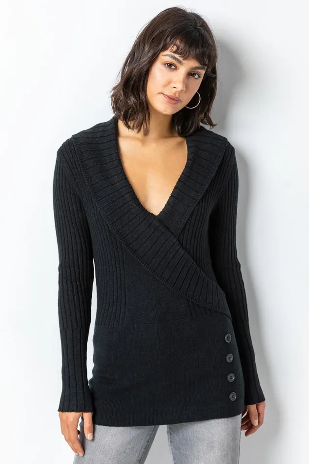 Black Longline Ribbed Overlap VNeck Tunic Jumper Women Roman Knitwear