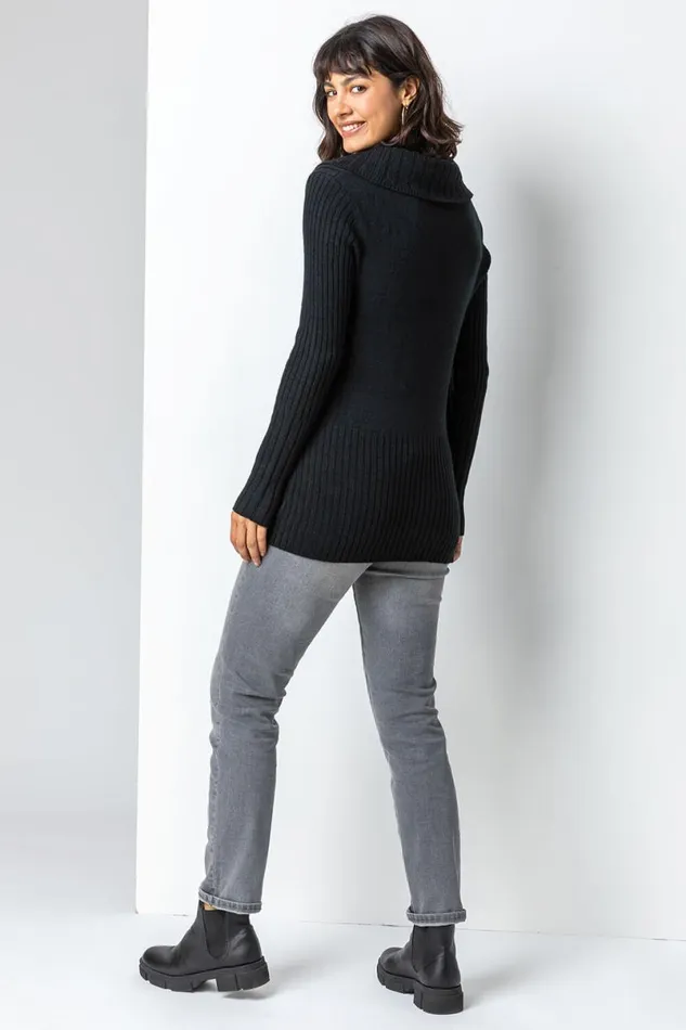 Black Longline Ribbed Overlap VNeck Tunic Jumper Women Roman Knitwear