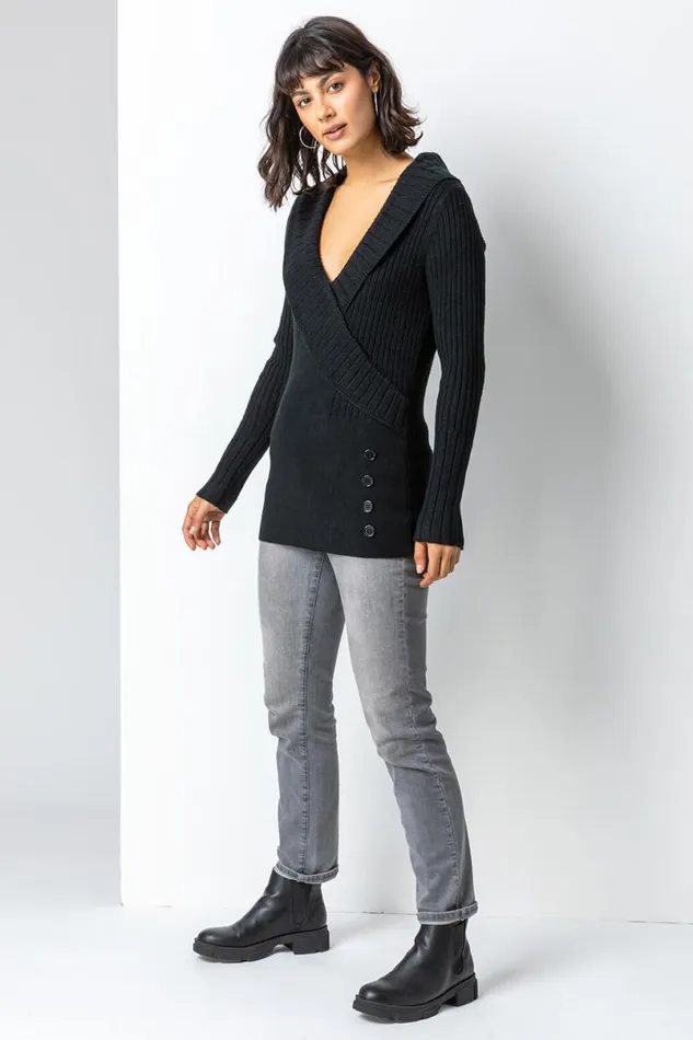 Black Longline Ribbed Overlap VNeck Tunic Jumper Women Roman Knitwear