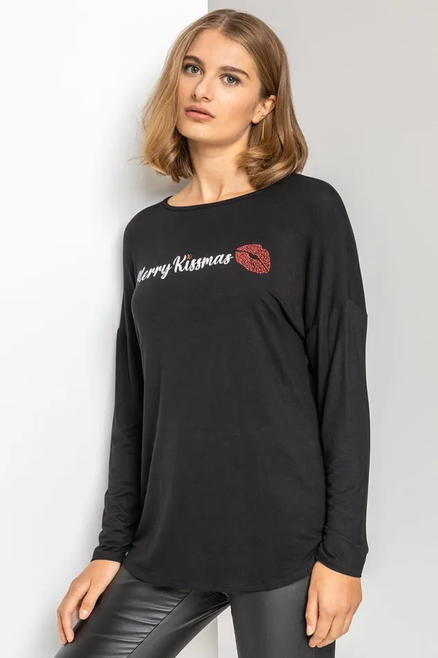 Black Merry Kissmas Motif Jersey Top Women Roman Tops
