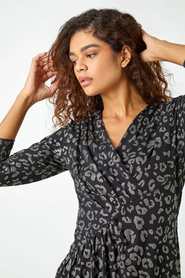 Black Metallic Leopard Print Midi Stretch Dress Women Roman Dresses