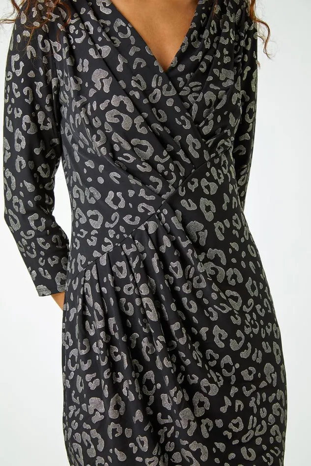 Black Metallic Leopard Print Midi Stretch Dress Women Roman Dresses