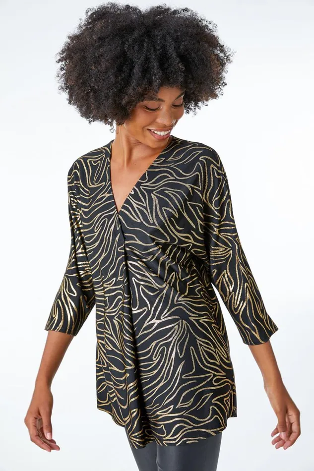 Black Metallic Print VNeck Tunic Top Women Roman Tops