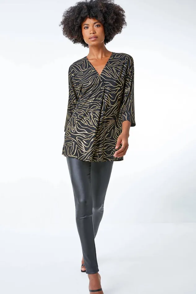 Black Metallic Print VNeck Tunic Top Women Roman Tops