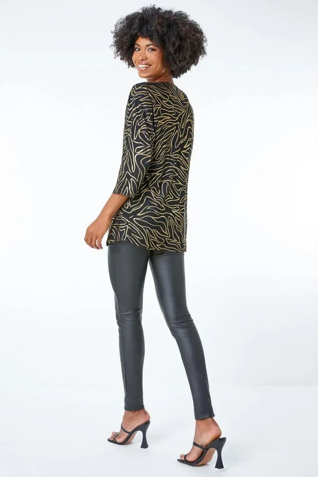 Black Metallic Print VNeck Tunic Top Women Roman Tops