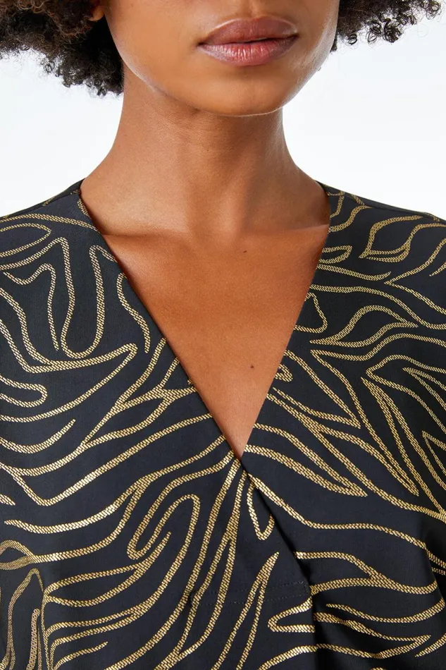 Black Metallic Print VNeck Tunic Top Women Roman Tops