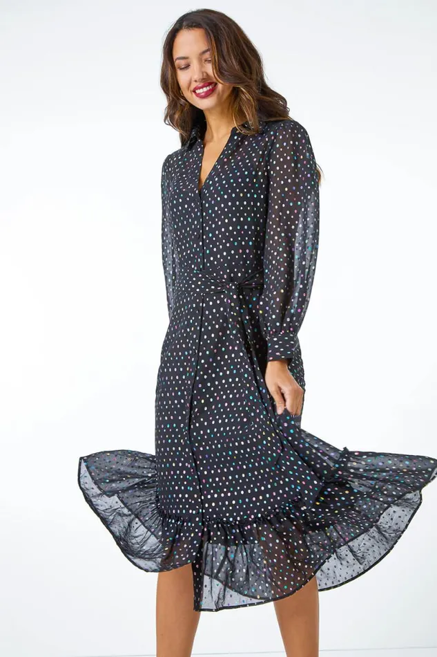 Black Metallic Spot Midi Shirt Dress Women Roman Dresses
