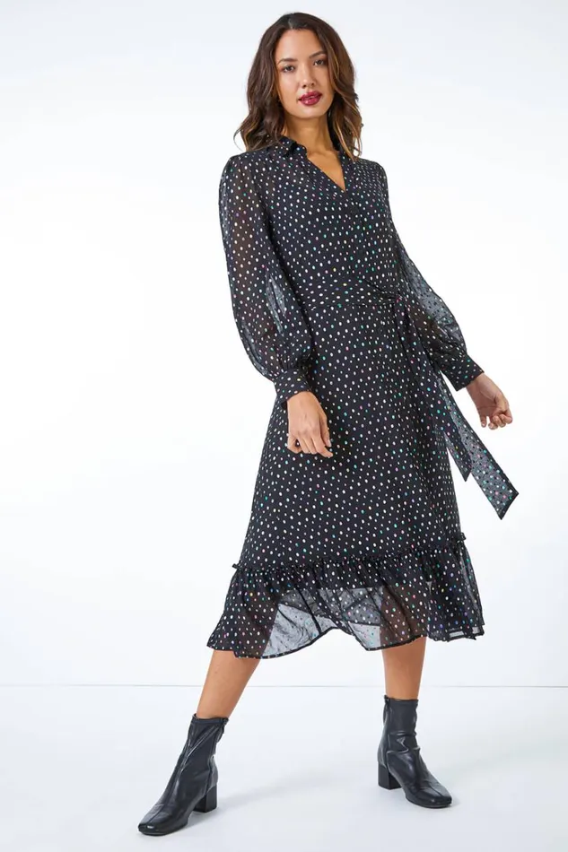 Black Metallic Spot Midi Shirt Dress Women Roman Dresses