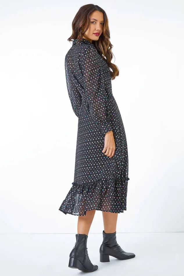 Black Metallic Spot Midi Shirt Dress Women Roman Dresses