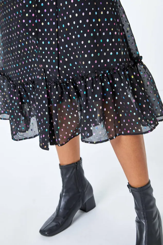 Black Metallic Spot Midi Shirt Dress Women Roman Dresses