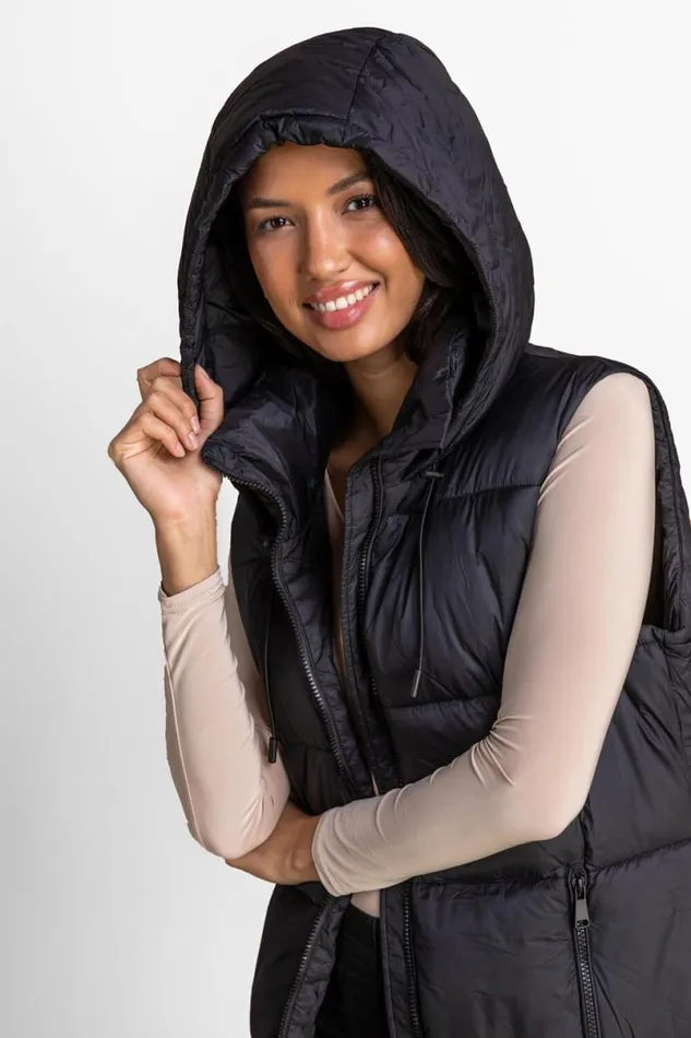 Black Padded Longline Hooded Gilet Women Roman Jackets