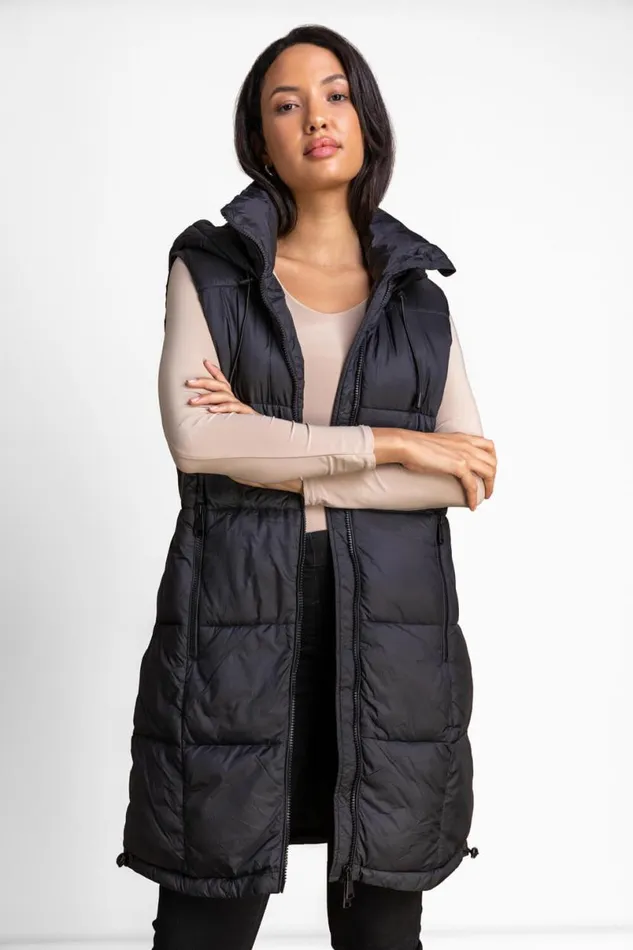 Black Padded Longline Hooded Gilet Women Roman Jackets