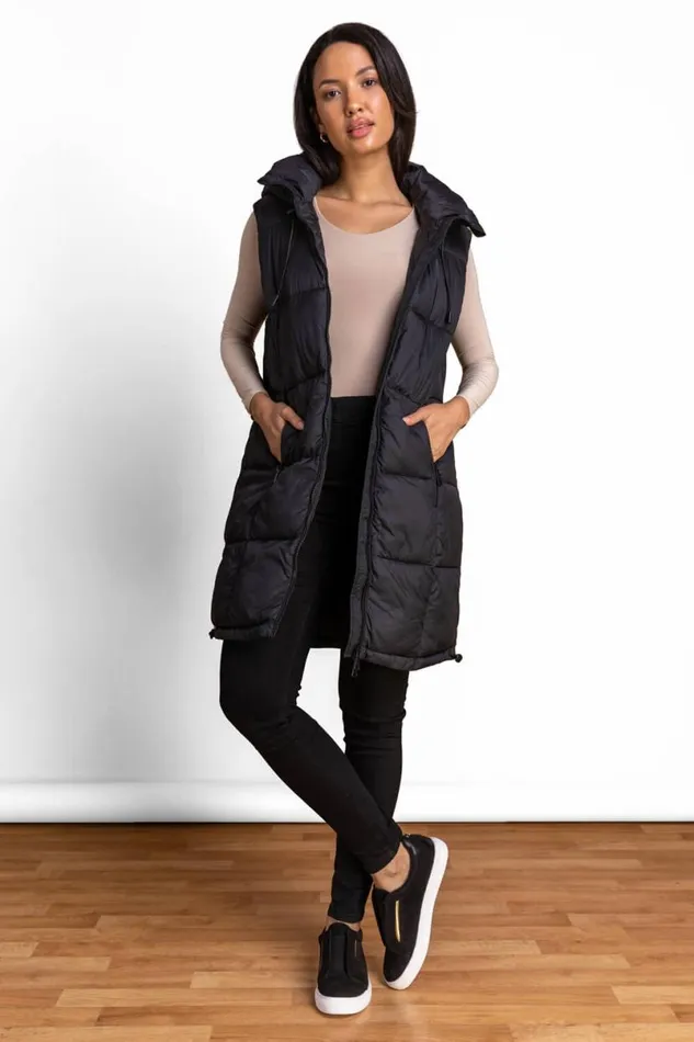 Black Padded Longline Hooded Gilet Women Roman Jackets