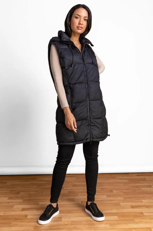 Black Padded Longline Hooded Gilet Women Roman Jackets