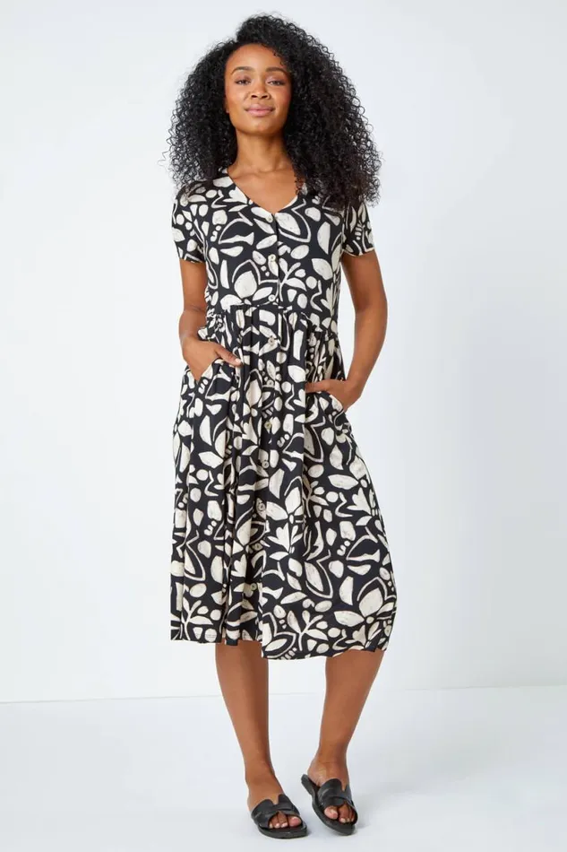 Black Petite Floral Button Pocket Midi Dress Women Roman Dresses