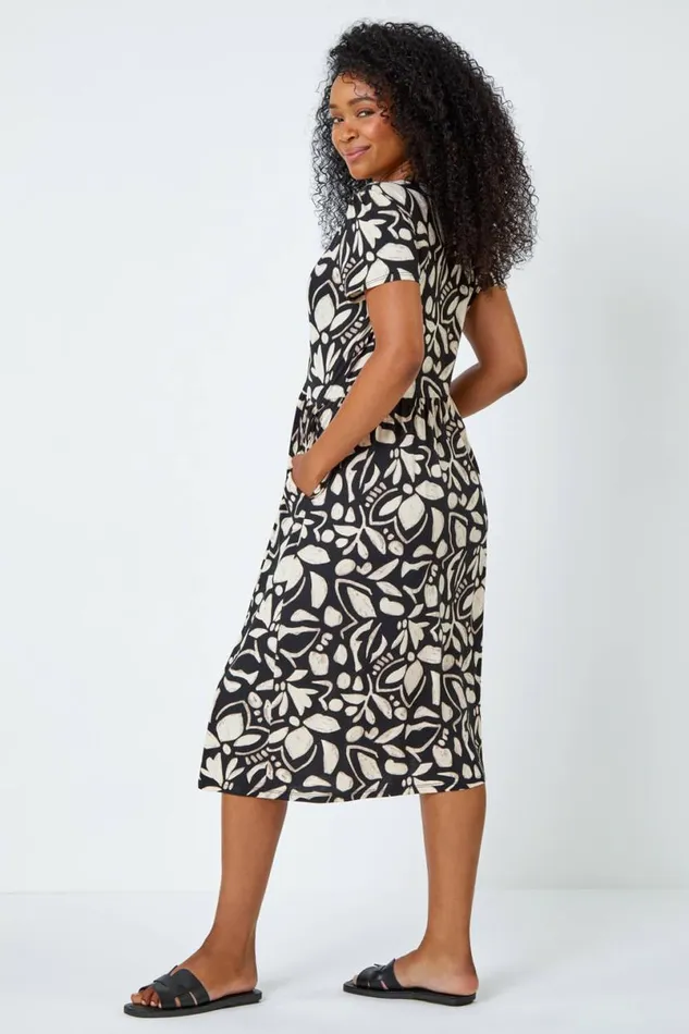 Black Petite Floral Button Pocket Midi Dress Women Roman Dresses