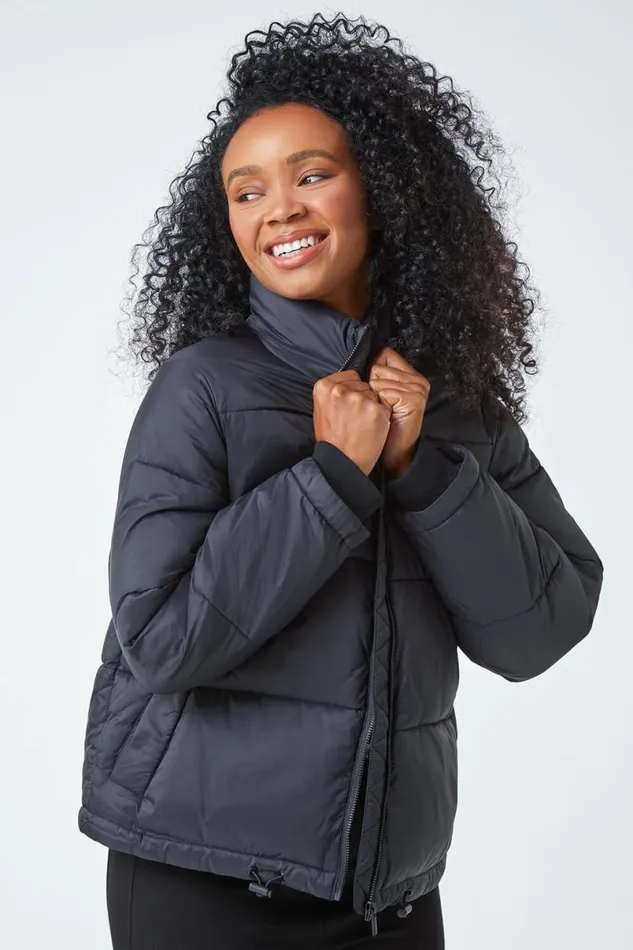 Black Petite Padded Puffer Coat Women Roman Coats