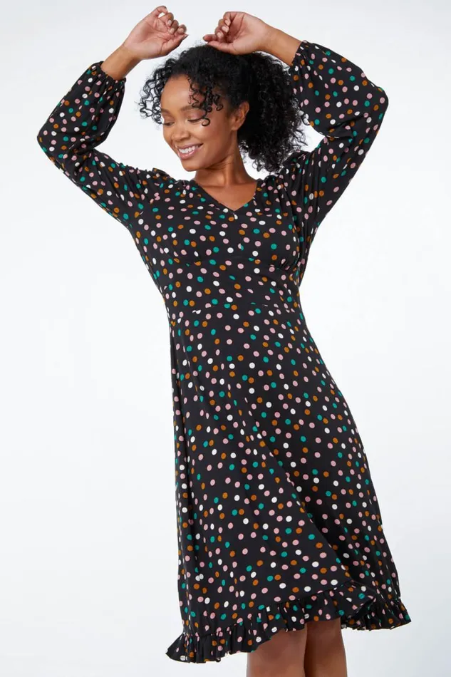 Black Petite Spot Print Frill Hem Dress Women Roman Dresses