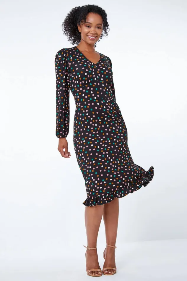 Black Petite Spot Print Frill Hem Dress Women Roman Dresses